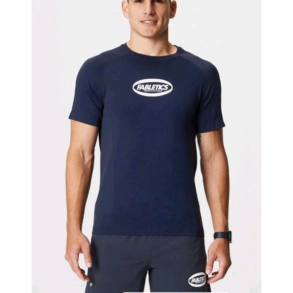 Fabletics Sz L Shirt Mens Athletic Short Sleeve Workout Gym Stretch Blue C9-6 - Picture 1 of 7